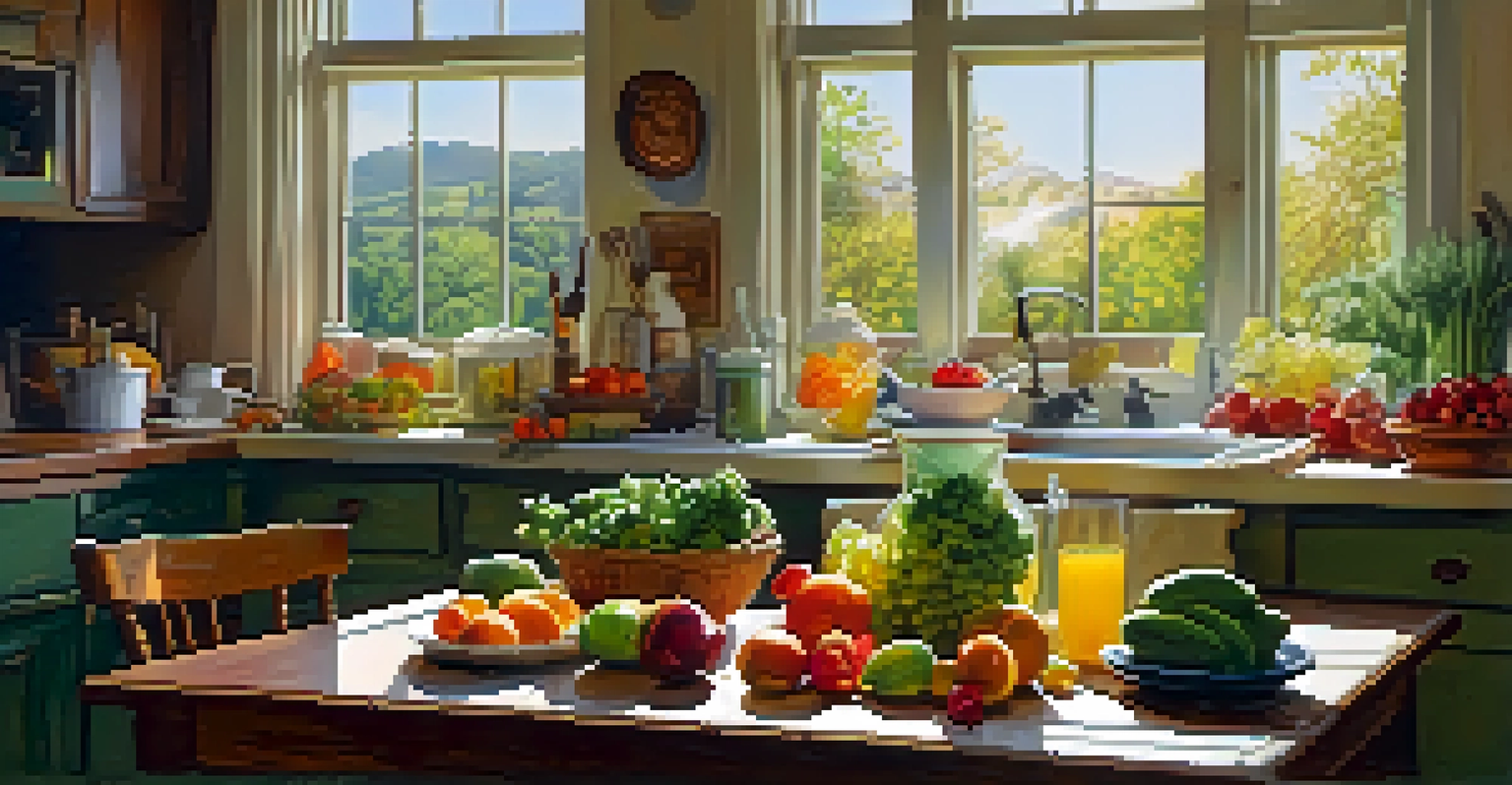 A cozy kitchen with a table full of fresh fruits and vegetables, and a person preparing a meal mindfully.