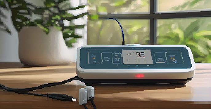 A close-up of a TENS unit with electrodes on a person's forearm in a cozy living room.