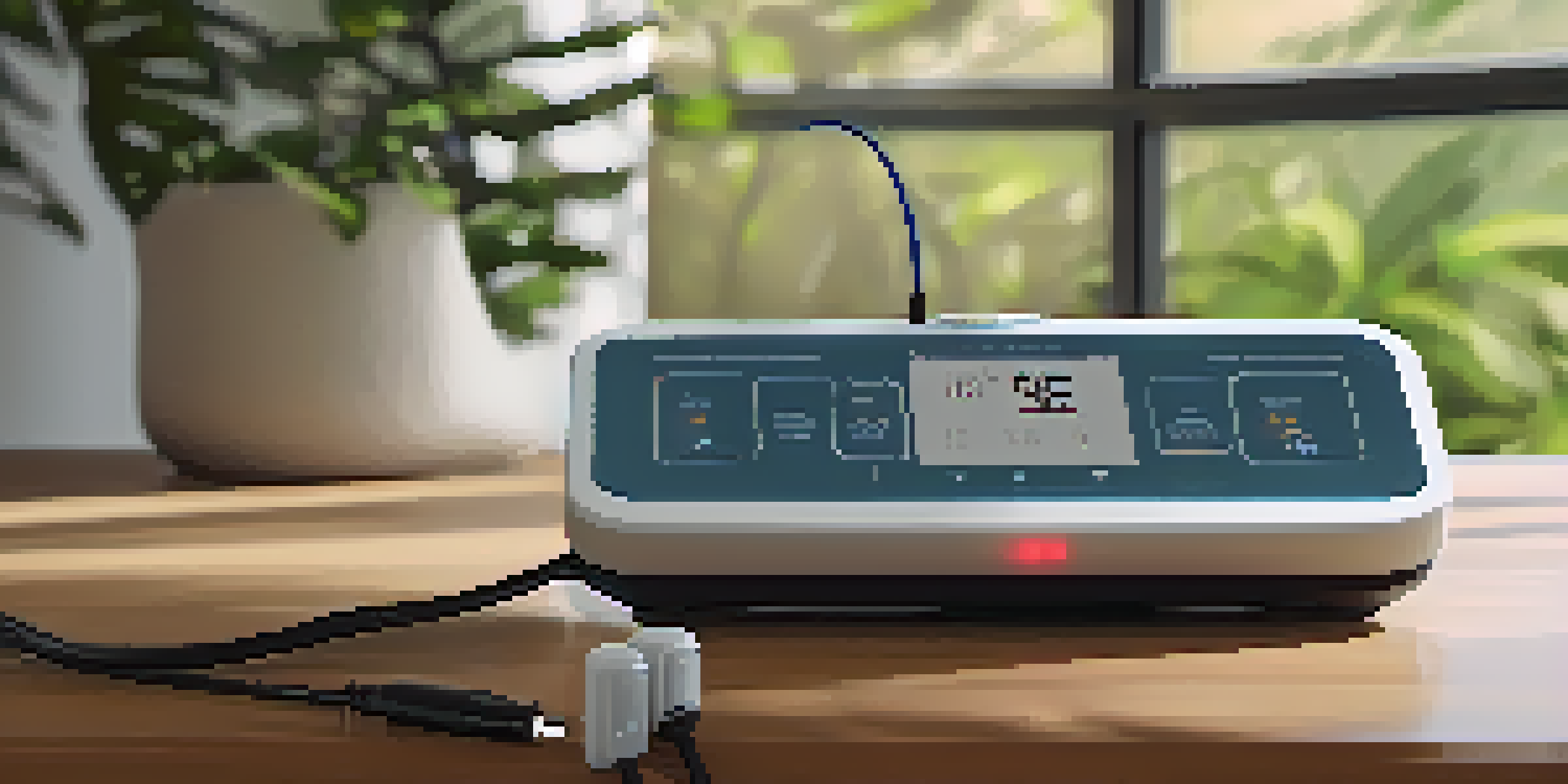 A close-up of a TENS unit with electrodes on a person's forearm in a cozy living room.
