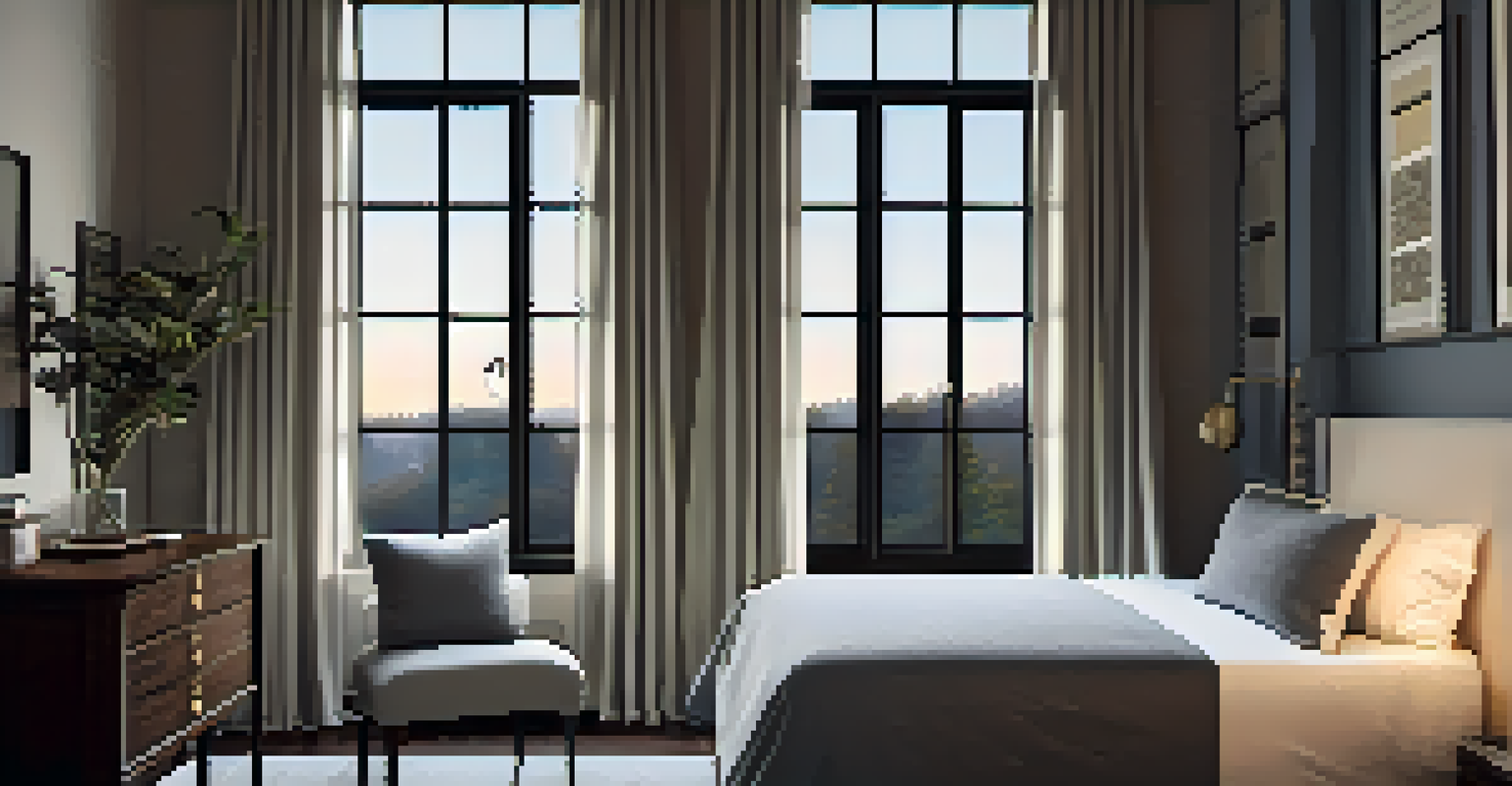 A cozy bedroom with a neatly made bed and soft linens, darkened by blackout curtains, with a nightstand holding a book and a lamp, promoting relaxation and quality sleep.