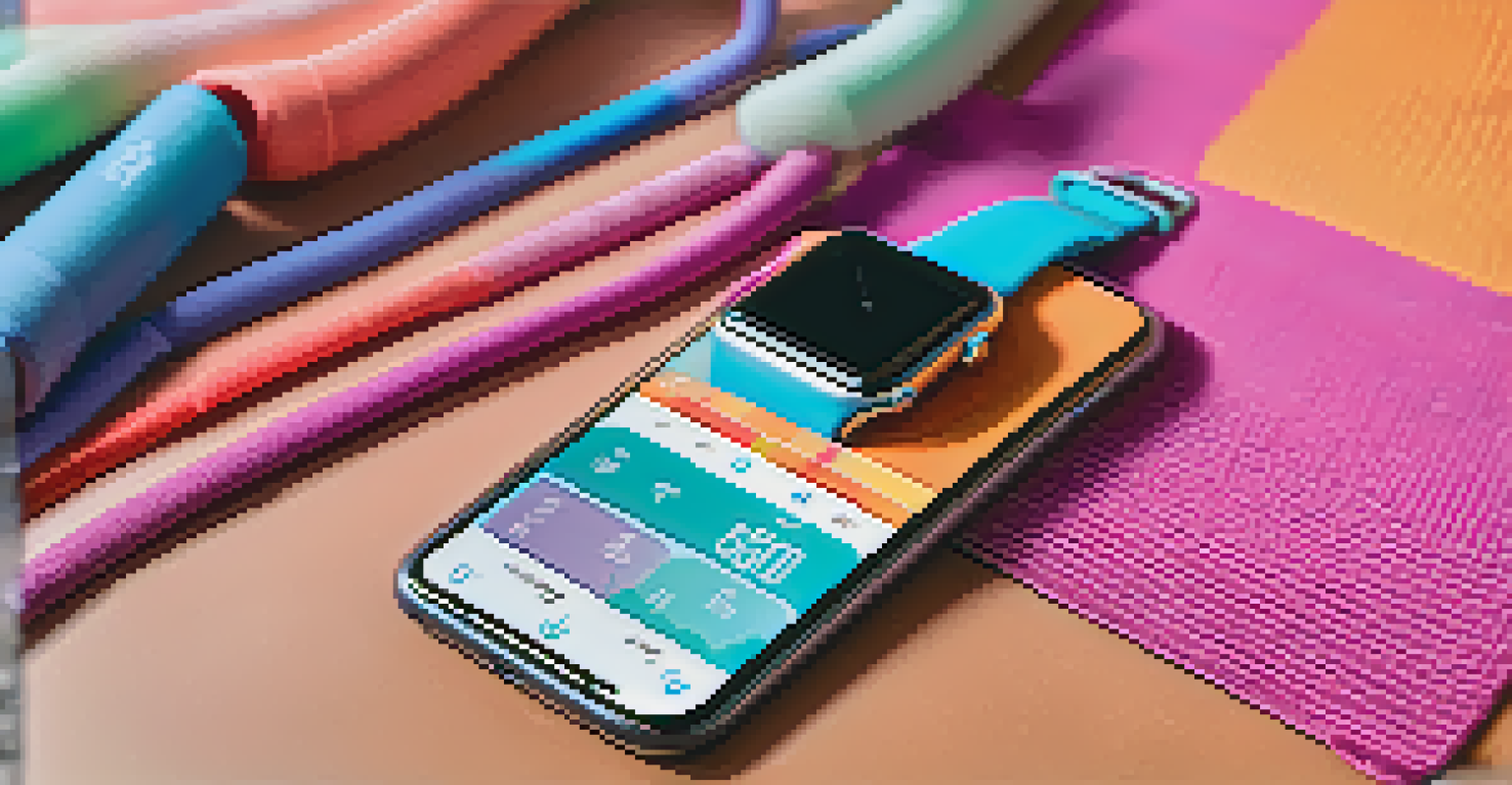 A smartwatch showing health metrics on a colorful yoga mat, surrounded by fitness accessories.