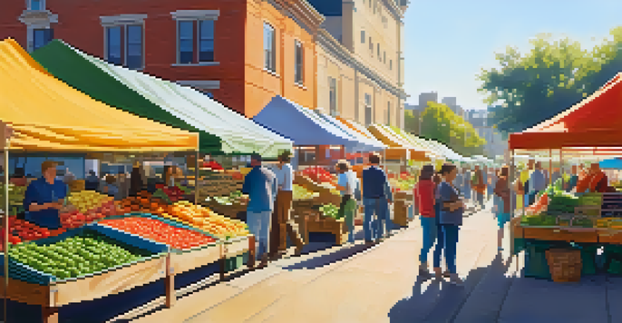 A lively farmers' market filled with colorful stalls of fresh produce, with people engaging and a banner promoting sustainability in the background.