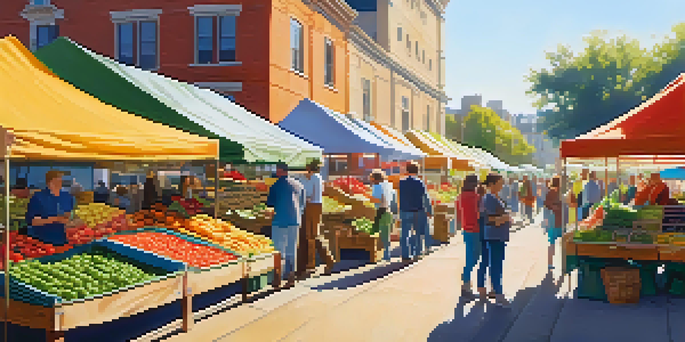 A lively farmers' market filled with colorful stalls of fresh produce, with people engaging and a banner promoting sustainability in the background.