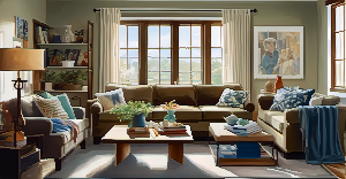 A warm family corner with a sofa, art supplies, and a family painting together, emphasizing joy and connection.