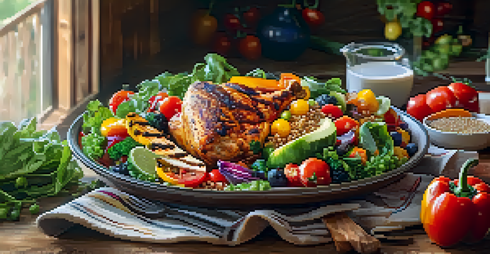 A colorful balanced meal featuring fruits, vegetables, lean chicken, and quinoa on a wooden table, illuminated by natural sunlight.