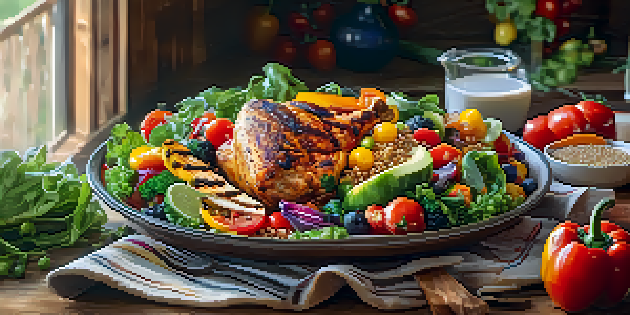 A colorful balanced meal featuring fruits, vegetables, lean chicken, and quinoa on a wooden table, illuminated by natural sunlight.