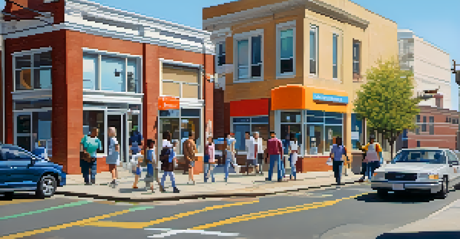 An urban dental clinic with people walking by, representing accessibility to dental care.