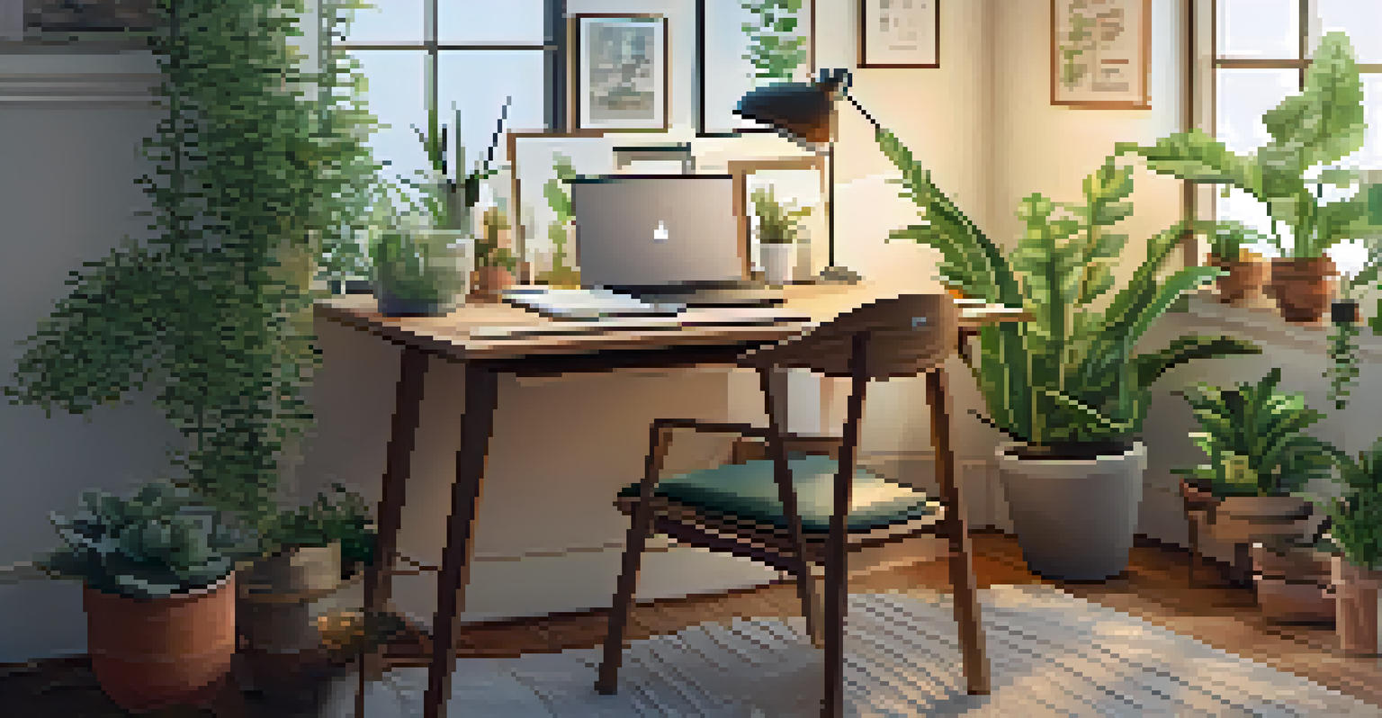 A cozy workspace with a journal, pen, and plants, representing self-reflection and self-compassion.