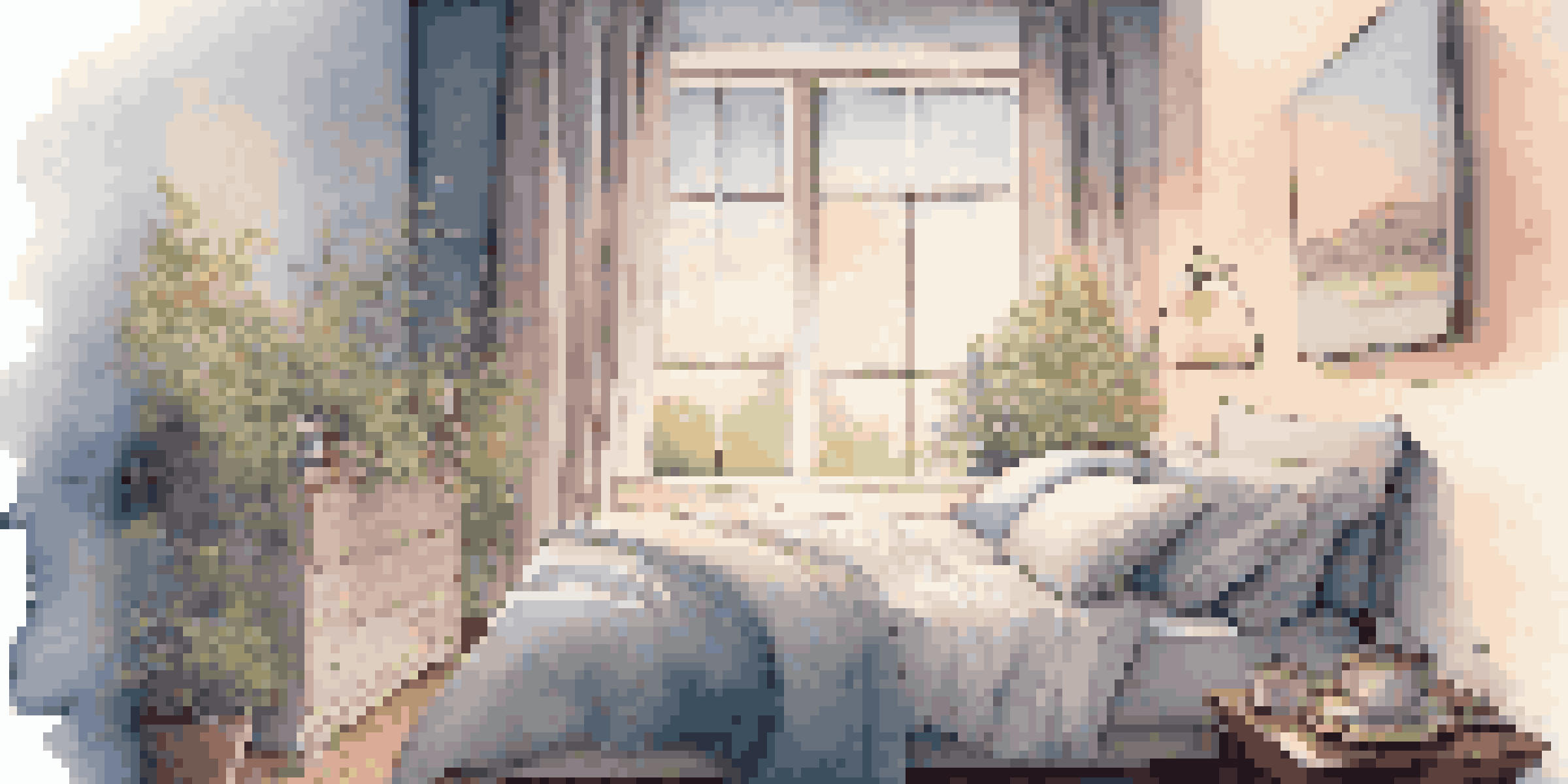 A peaceful bedroom with soft bedding and ambient lighting, designed for relaxation and sleep.