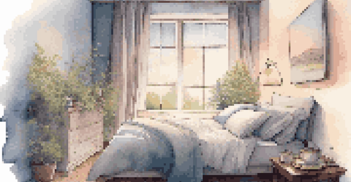 A peaceful bedroom with soft bedding and ambient lighting, designed for relaxation and sleep.