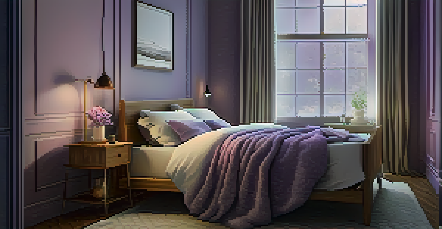 A cozy bedroom with a bed, a cup of lavender tea on the nightstand, and a diffuser, all in a calming, dimly lit environment.