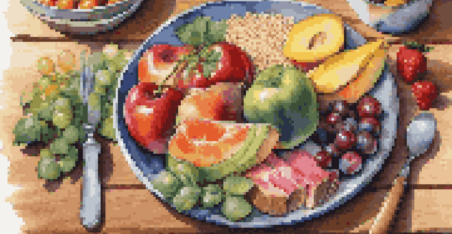 A healthy meal on a colorful plate filled with fruits, vegetables, whole grains, and lean proteins, arranged on a wooden table.