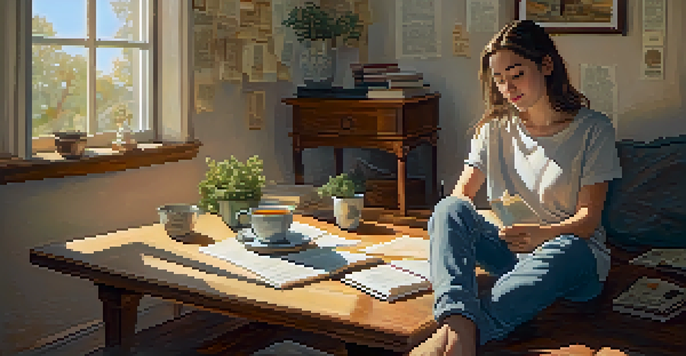 A young adult in a cozy room journaling with sunlight filtering through the window, creating a warm and reflective atmosphere.