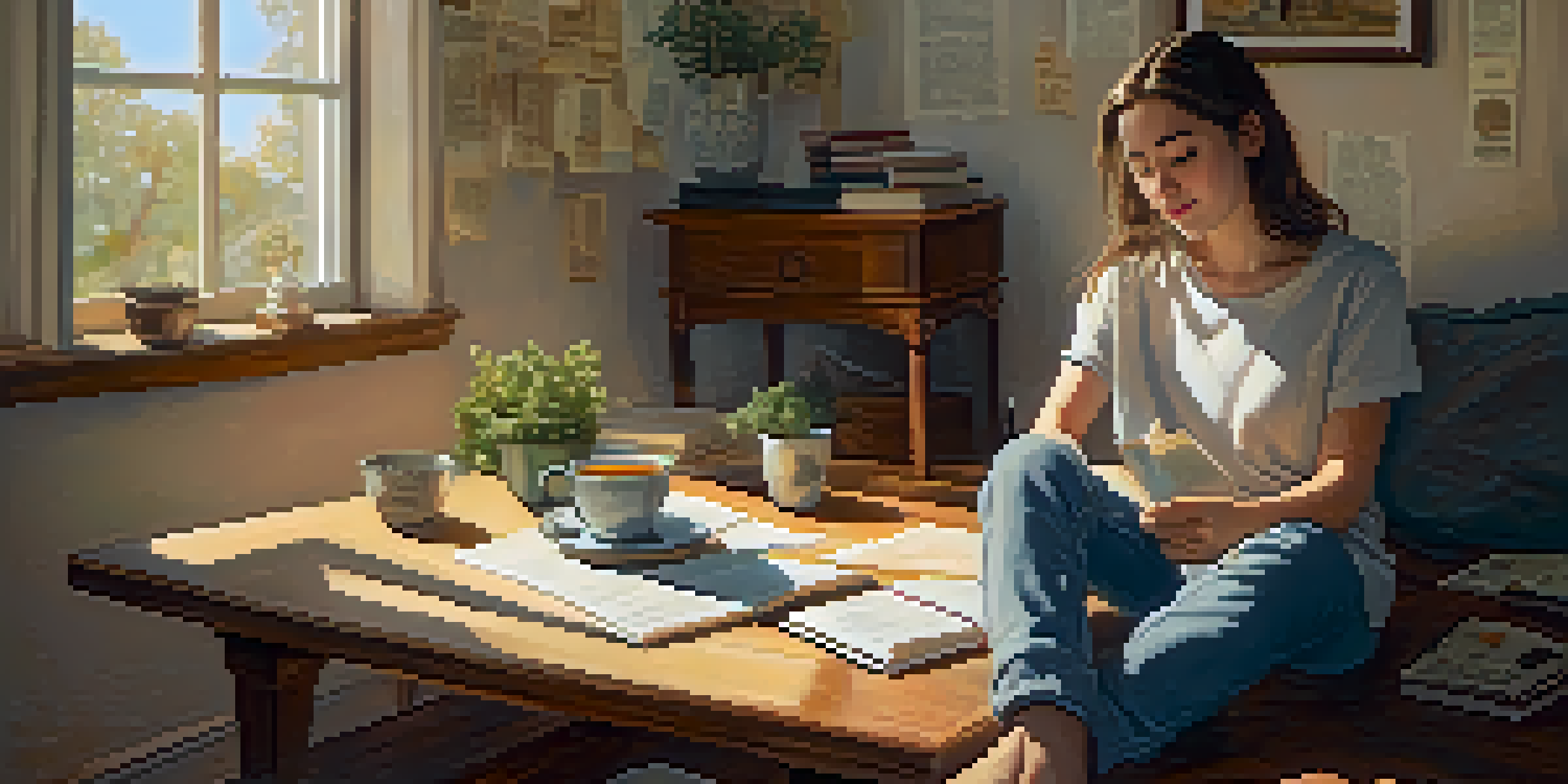 A young adult in a cozy room journaling with sunlight filtering through the window, creating a warm and reflective atmosphere.