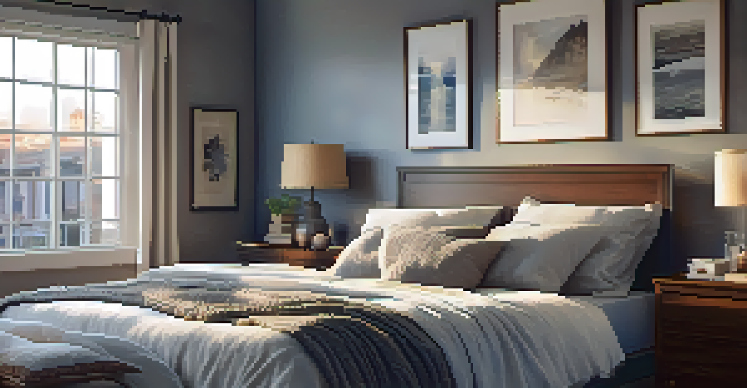 A cozy bedroom with a comfortable bed, soft lighting, and a clock indicating bedtime, promoting the importance of sleep for gut health.
