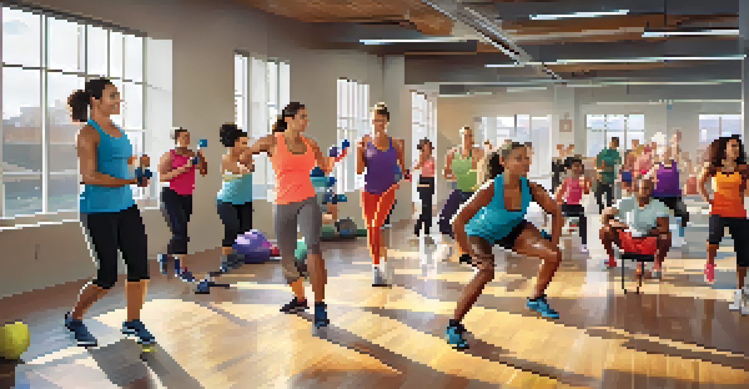 A diverse group of people participating in a high-energy fitness class in a modern gym filled with colorful equipment and motivational posters.