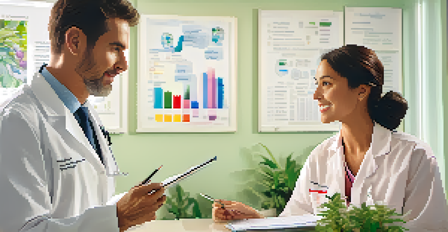 A healthcare provider explaining a diagnosis to a patient in a bright examination room, using simple language and charts.