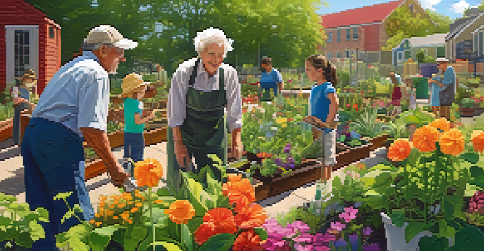 A diverse group of people working together in a colorful community garden, demonstrating teamwork and intergenerational learning.