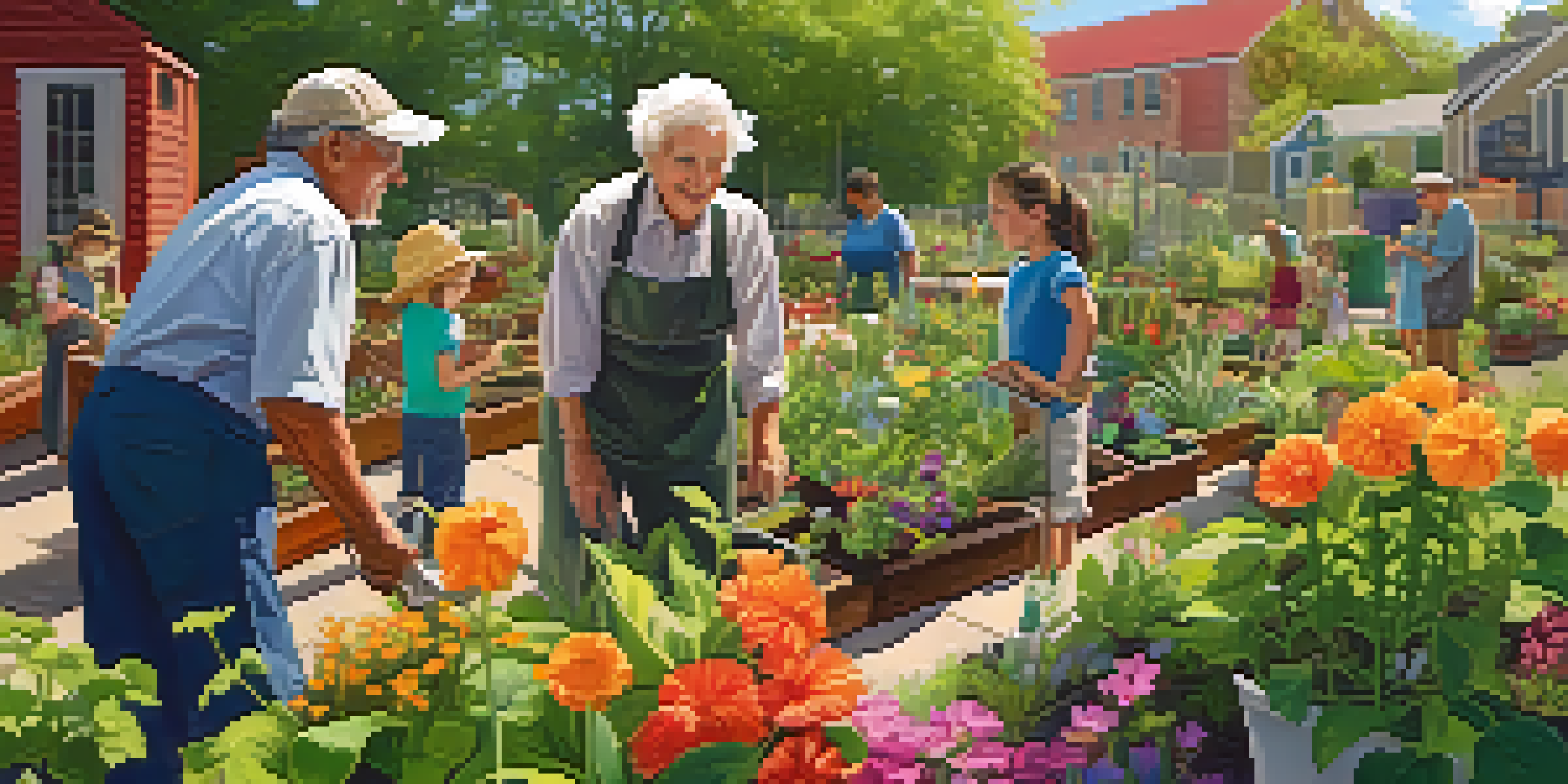 A diverse group of people working together in a colorful community garden, demonstrating teamwork and intergenerational learning.