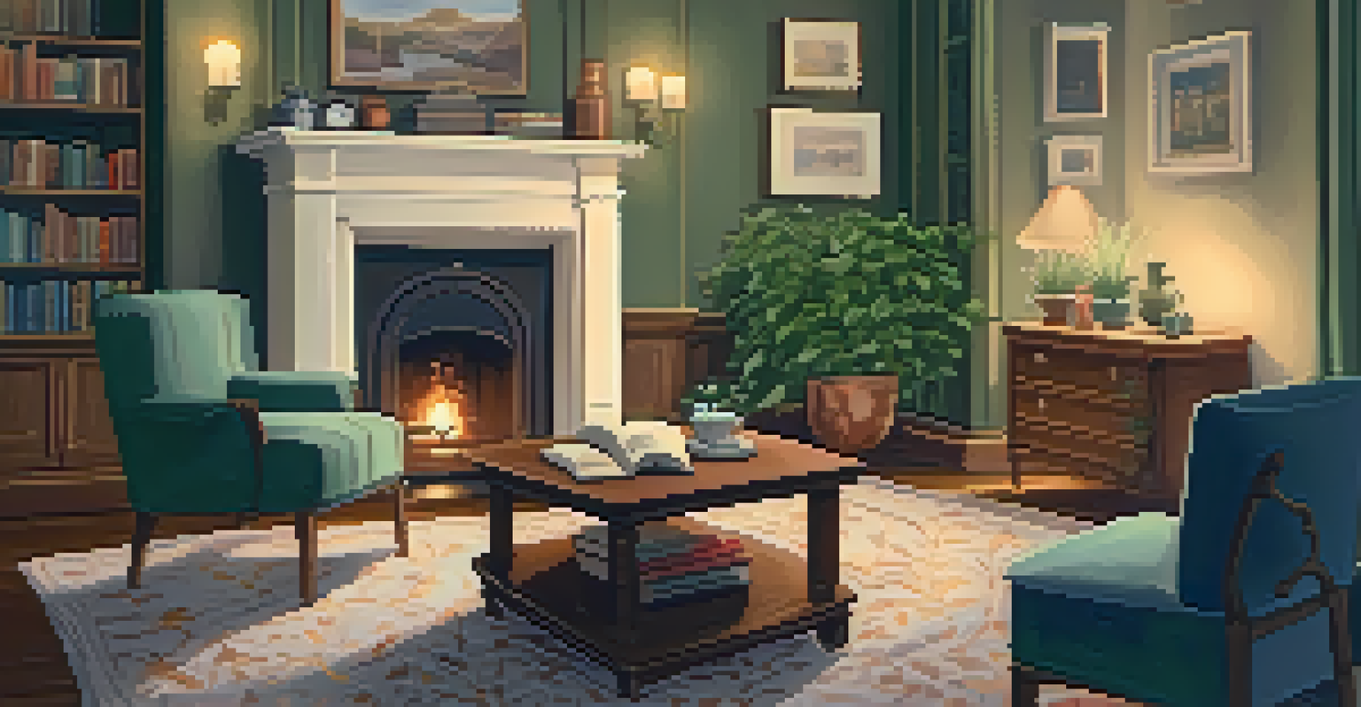 A warm and inviting living room featuring a fireplace, comfy chairs, tea, and a blanket, ideal for relaxation.