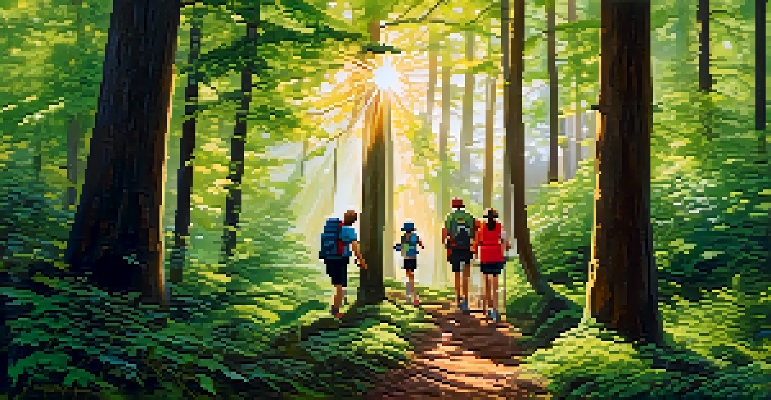 A family of various ages hiking in a green forest, encouraging each other with sunlight filtering through the trees.