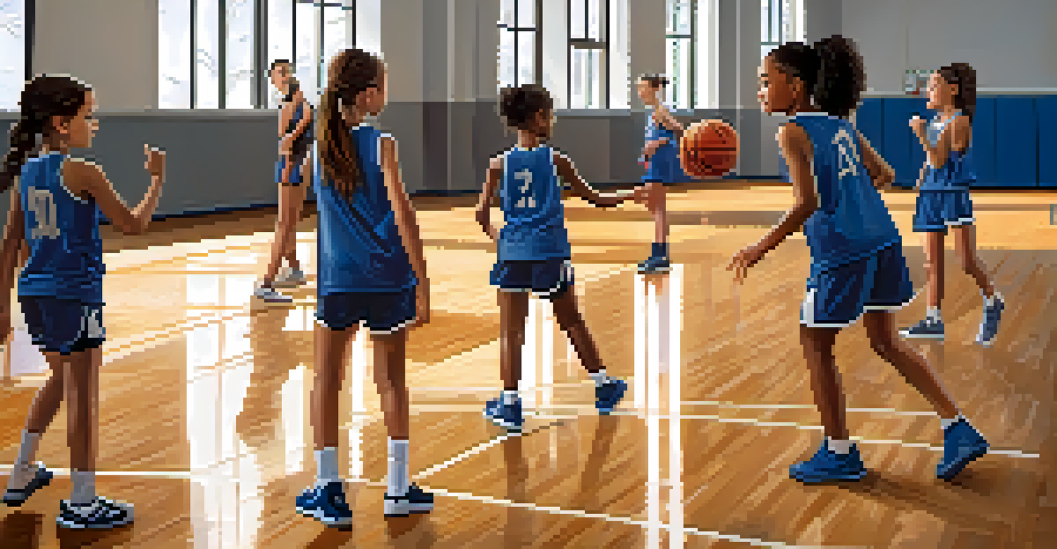 A young girl coaching her basketball teammates during practice in a brightly lit gym.