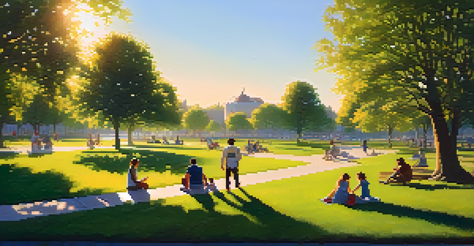 A peaceful park filled with people enjoying the sunlight, with lush greenery and blooming flowers under a warm golden hour light.