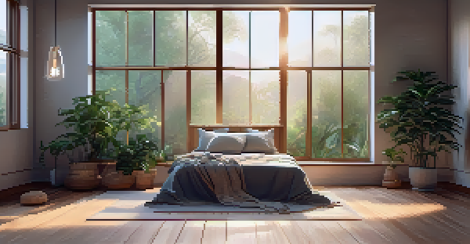 A peaceful meditation space with a cushion on the floor, soft lighting, and greenery, conveying serenity.