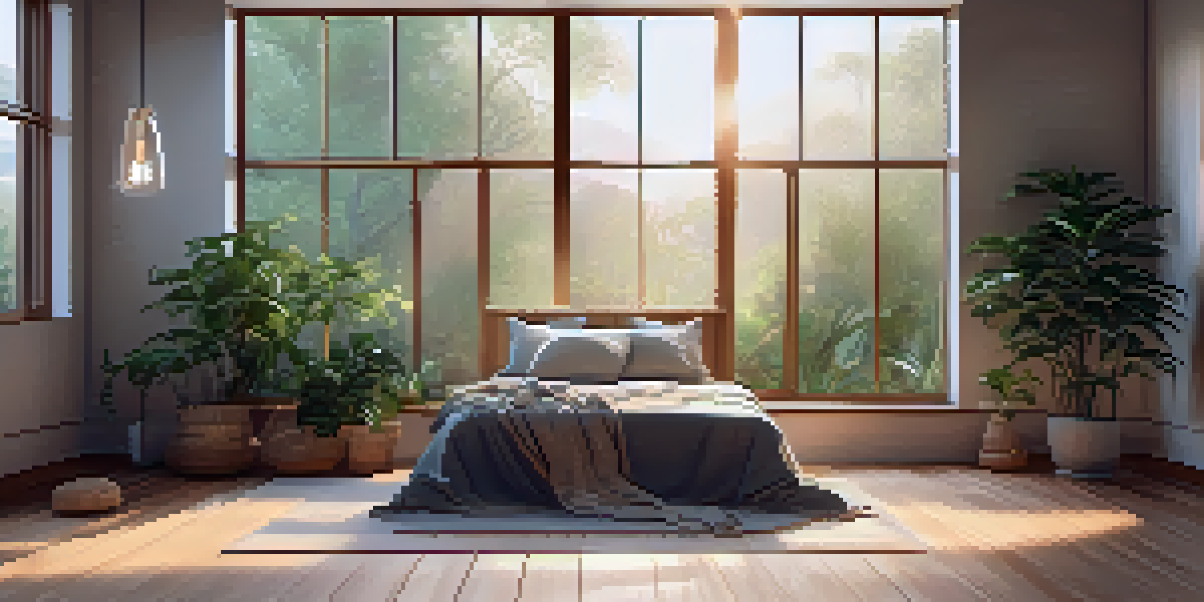 A peaceful meditation space with a cushion on the floor, soft lighting, and greenery, conveying serenity.