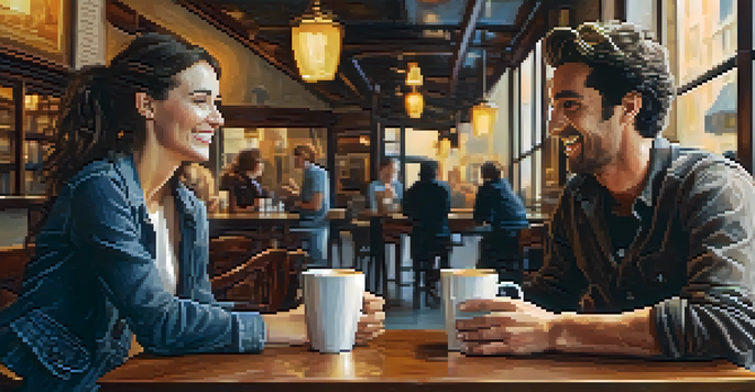 Two friends having a conversation in a café, one leaning forward and smiling, the other leaning back with crossed arms.