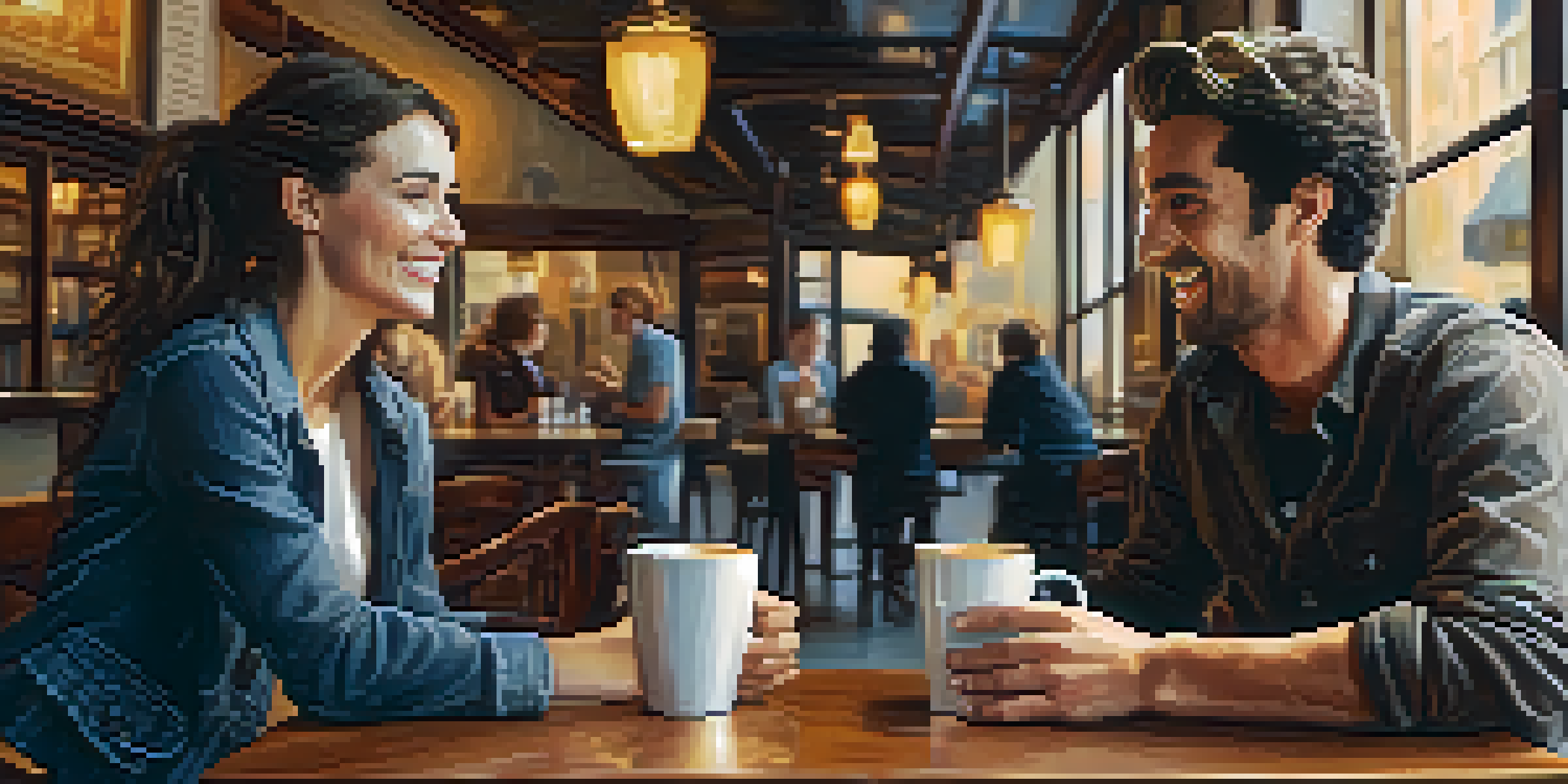 Two friends having a conversation in a café, one leaning forward and smiling, the other leaning back with crossed arms.