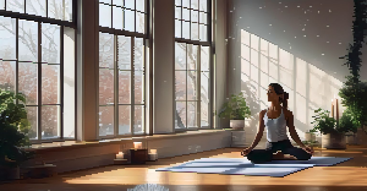 A person practicing yoga in a bright room with snow falling outside the window.