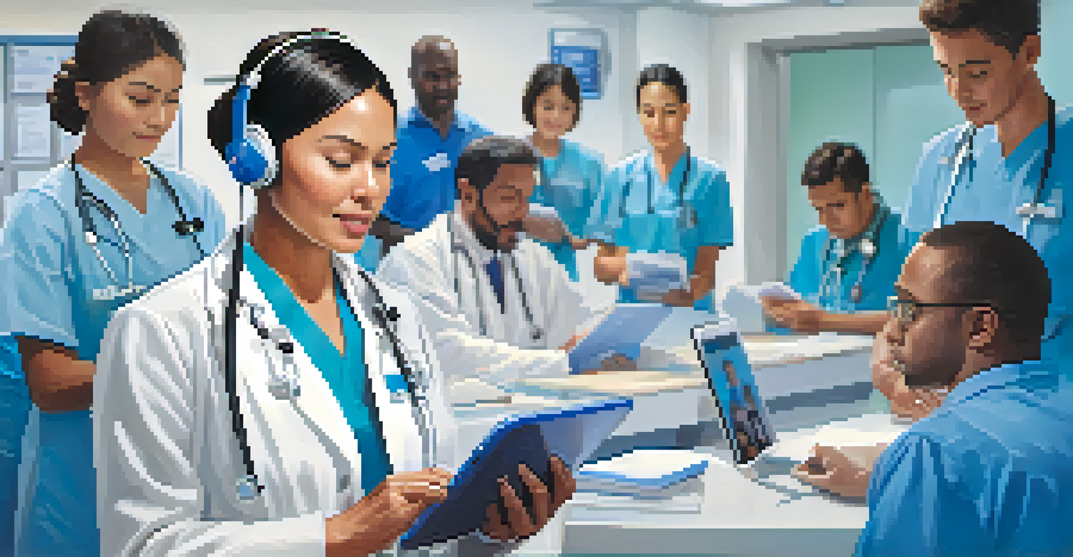 A cultural broker providing translation services with a tablet in a clinic, surrounded by patients in a calm environment.