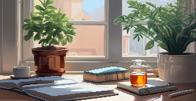 A cozy home office with a diffuser, a potted plant, a notebook, and a cup of herbal tea in soft sunlight.