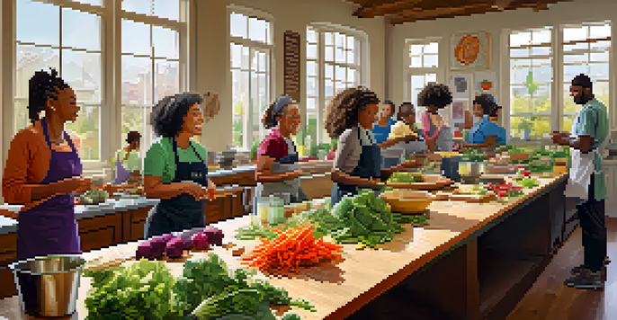 A lively cooking workshop with participants preparing fresh vegetables and discussing detox recipes in a bright kitchen.