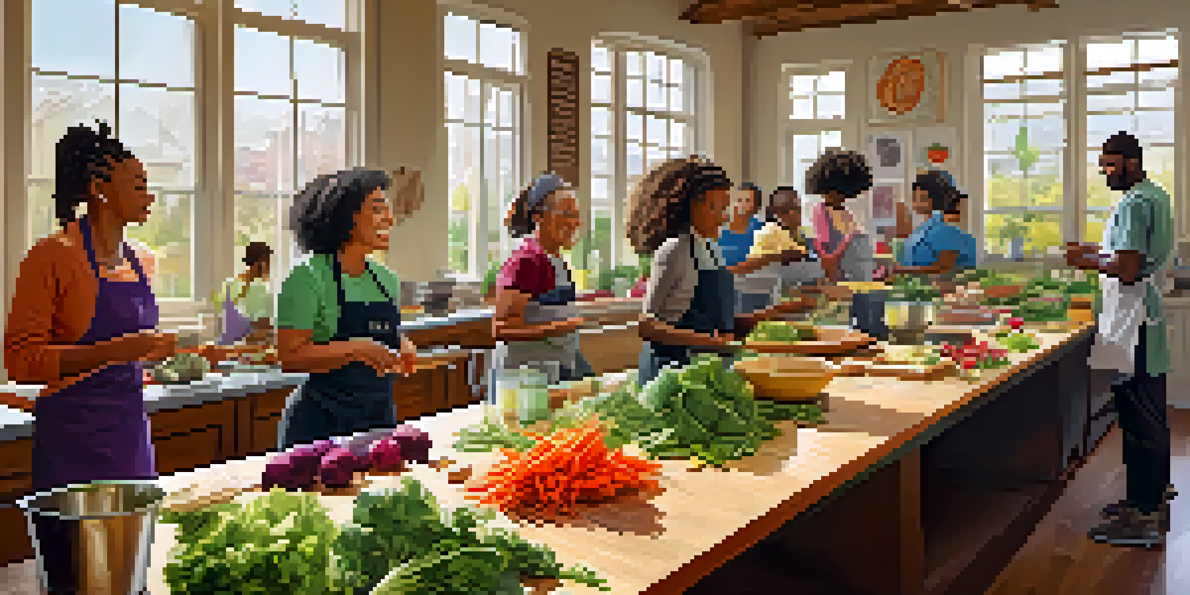 A lively cooking workshop with participants preparing fresh vegetables and discussing detox recipes in a bright kitchen.
