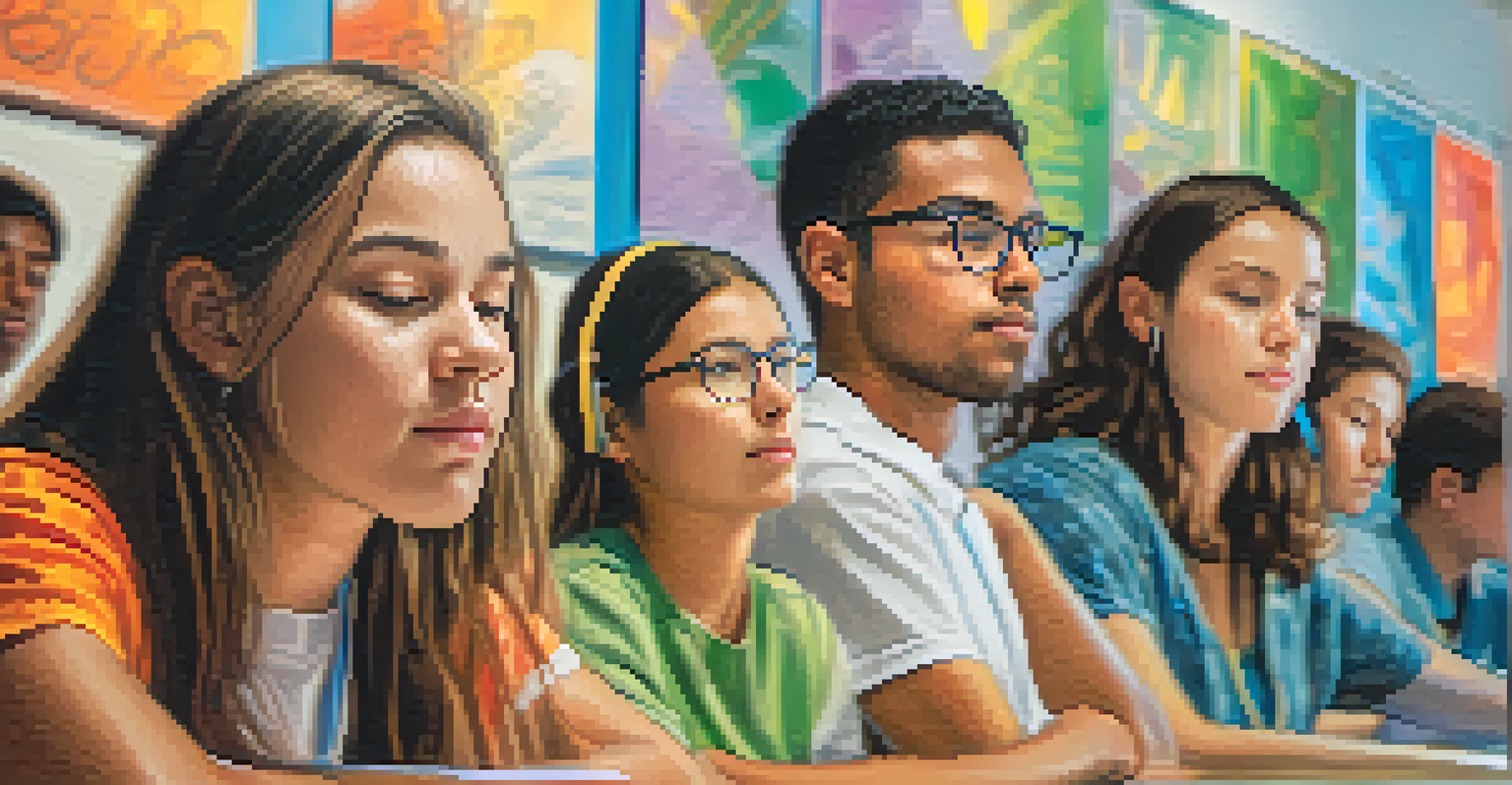 A student with eyes closed, practicing mindful listening in a vibrant classroom during a group discussion.