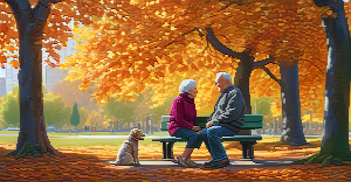 An older couple sitting on a bench in a park, laughing together with colorful autumn leaves surrounding them and sunlight shining through the trees.