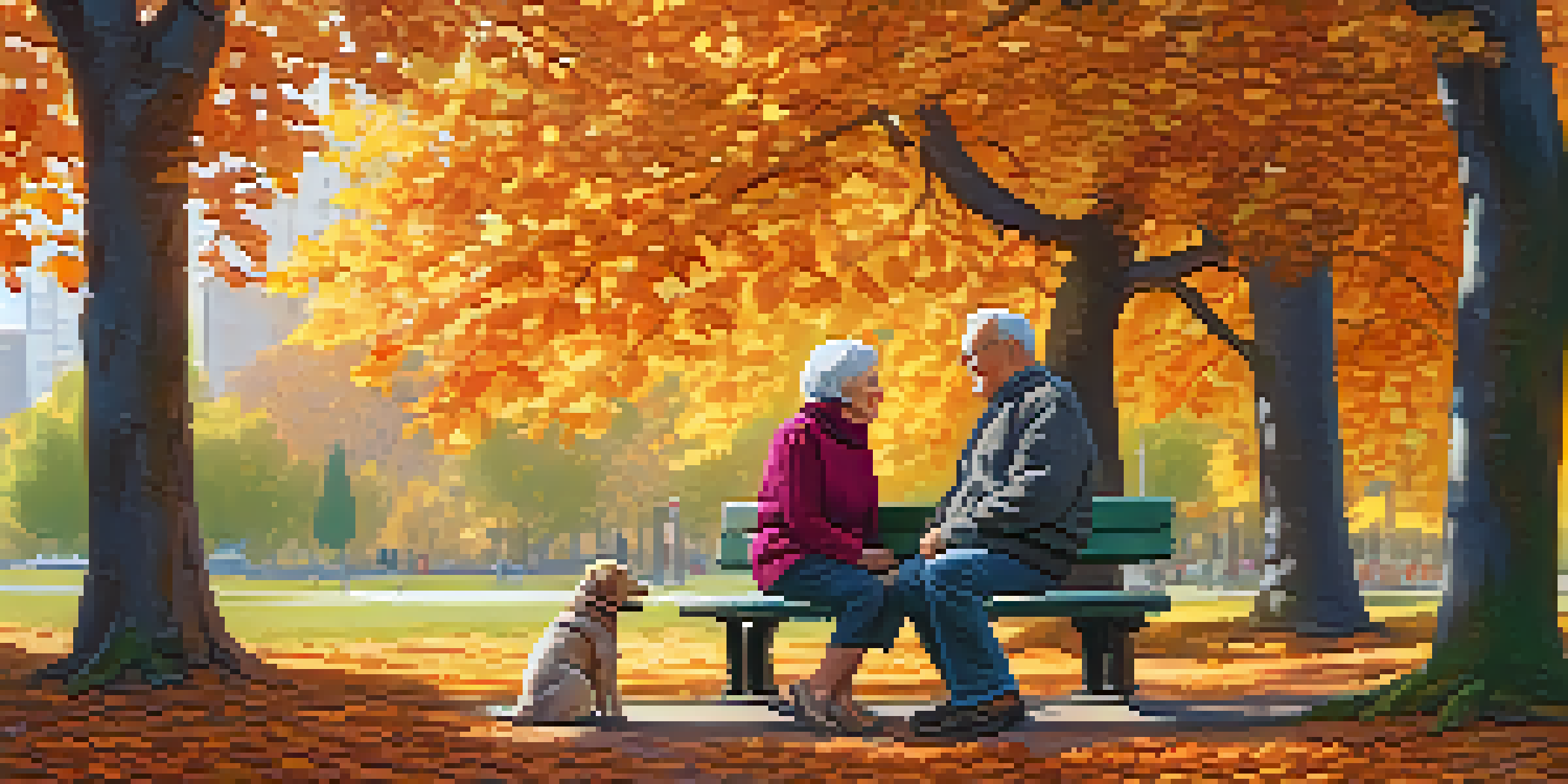 An older couple sitting on a bench in a park, laughing together with colorful autumn leaves surrounding them and sunlight shining through the trees.