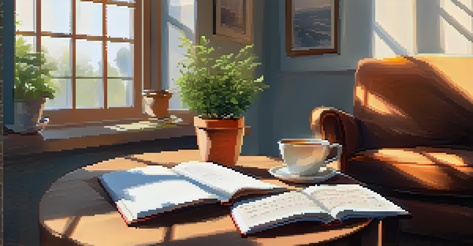 A cup of tea next to an open journal in a cozy room, with sunlight illuminating handwritten notes about self-compassion.