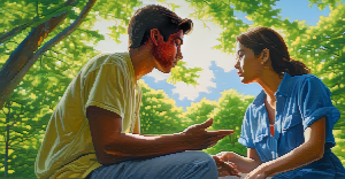 Two people having a conversation in a peaceful outdoor setting, showcasing active listening and emotional exchange.