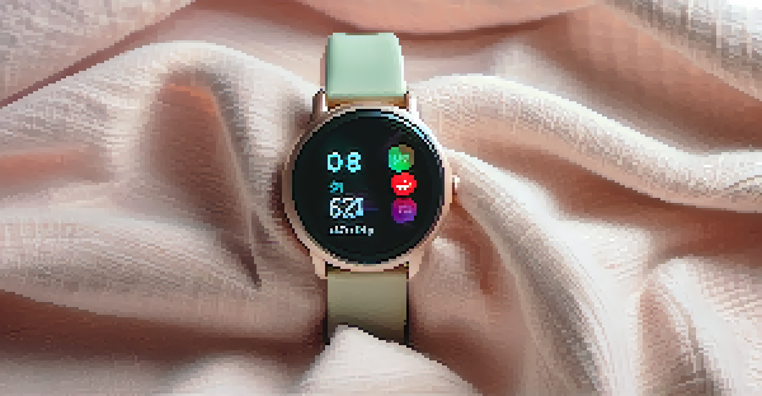 A smartwatch showing mental health metrics on a textured blanket.