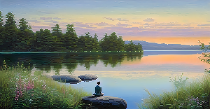 A peaceful scene of a person meditating on a rock by a calm lake during sunrise, surrounded by flowers and greenery.