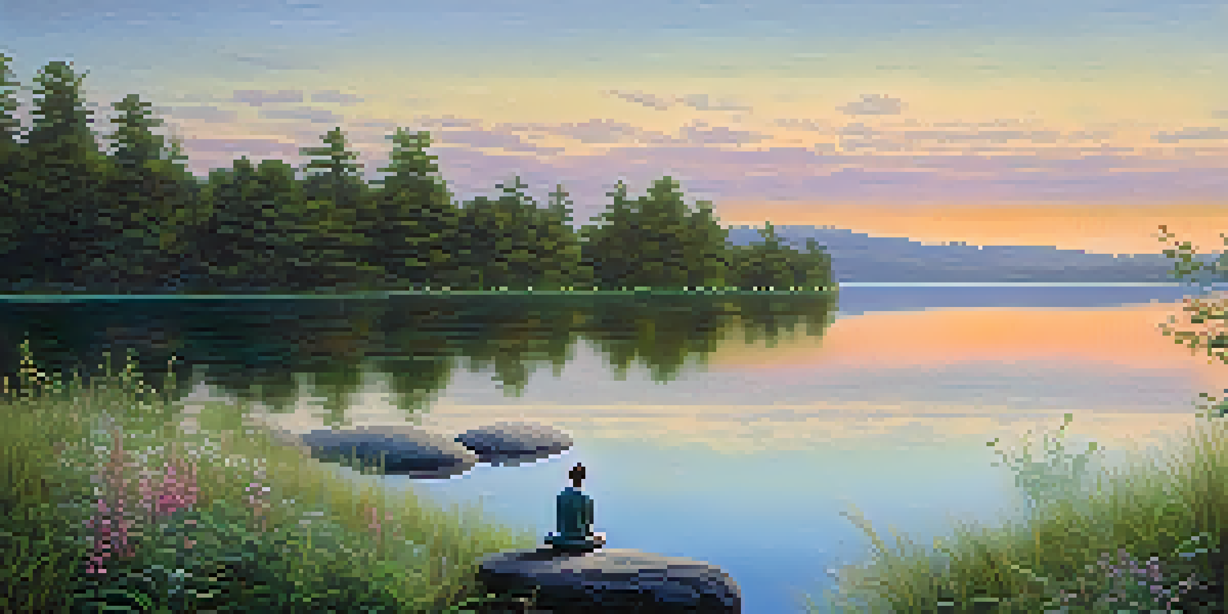 A peaceful scene of a person meditating on a rock by a calm lake during sunrise, surrounded by flowers and greenery.
