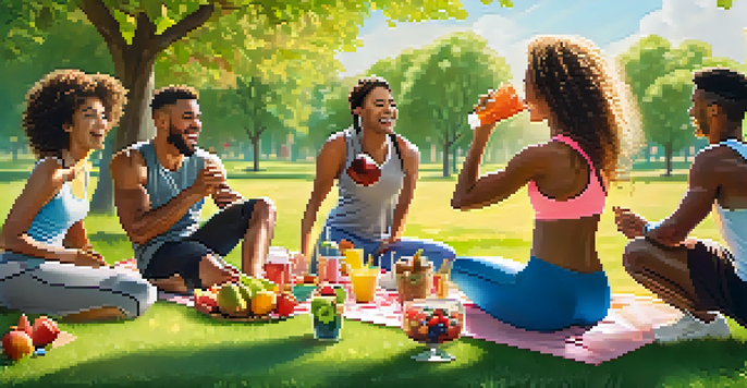 A diverse group of friends celebrating their fitness achievements with a healthy picnic in a sunny park.