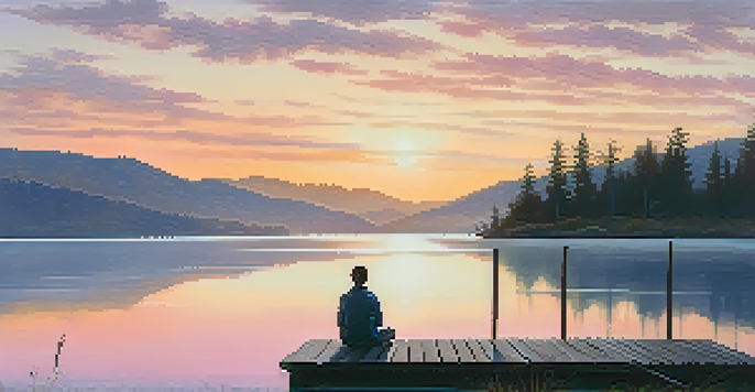 A tranquil sunset over a lake with a person meditating at the edge of a dock, surrounded by gentle hills.