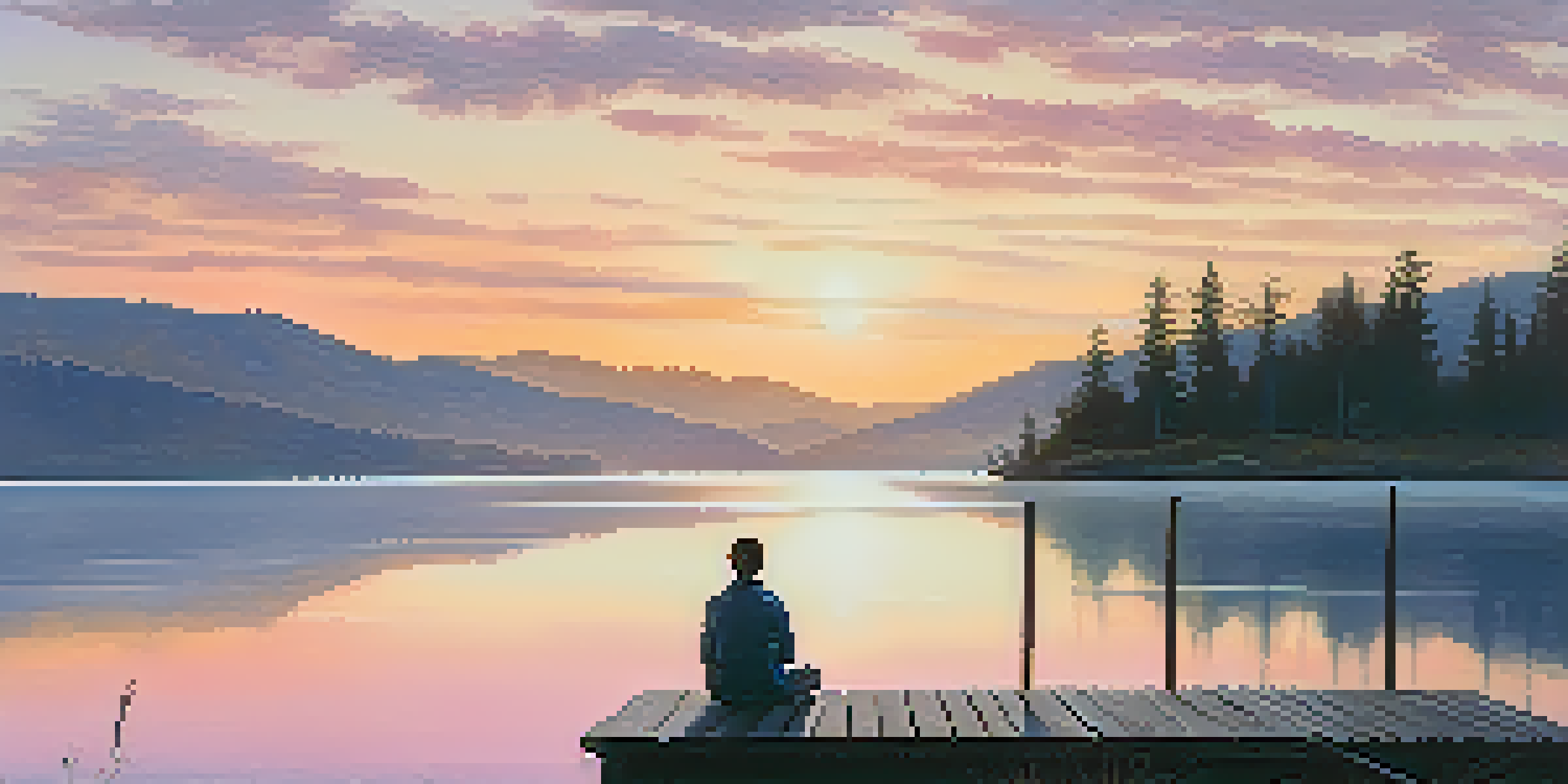 A tranquil sunset over a lake with a person meditating at the edge of a dock, surrounded by gentle hills.
