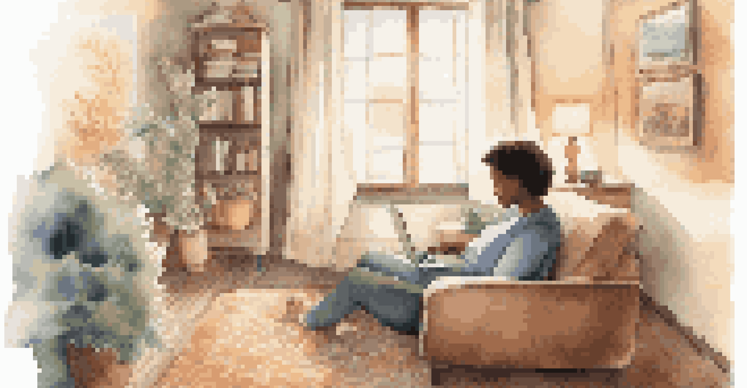 A person using a laptop in a cozy room, participating in an online support group for chronic pain, with a warm and inviting atmosphere.
