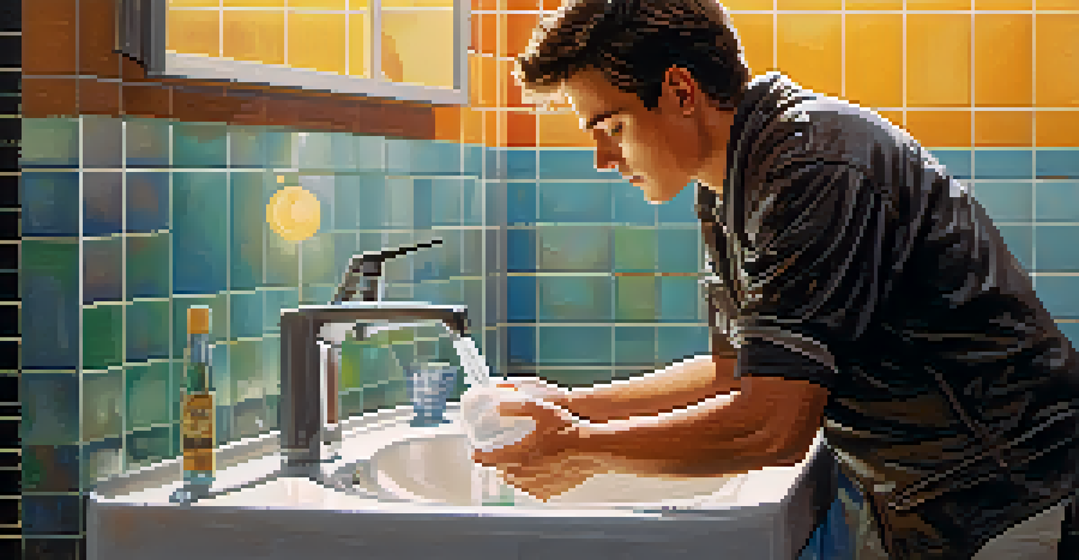 A traveler washing their hands at a clean public restroom sink with soap bubbles visible.