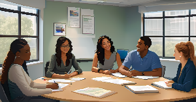 An office space with professionals participating in a crisis intervention training session, sitting around a round table with natural light coming through the windows.